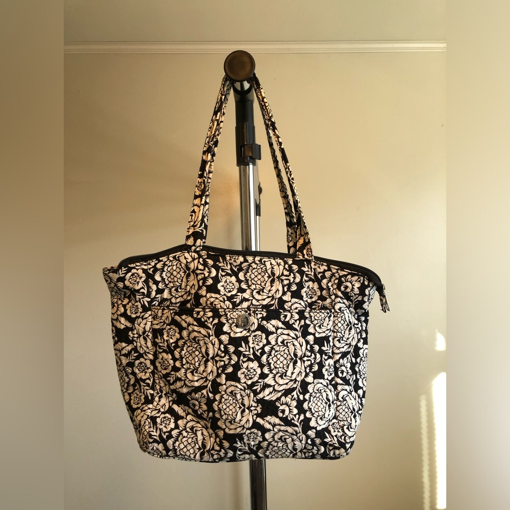 Quilted black and white Floral Overnight or Art Bag